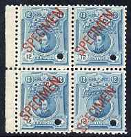 Peru 1909 Jose de la Mar 12c greenish-blue block of 4 each with small security punch hole and overprinted SPECIMEN (20 x 4.0 mm) unmounted mint, ex file copy from ABNCo a..., stamps on 