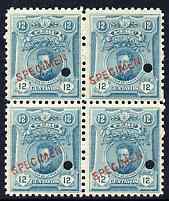 Peru 1909 Jose de la Mar 12c greenish-blue block of 4 each with small security punch hole and overprinted SPECIMEN (14 x 2.0 mm) unmounted mint, ex file copy from ABNCo archives, as SG 378