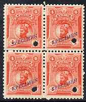 Peru 1909 Pizarro 4c vermilione block of 4 each with small security punch hole and overprinted SPECIMEN (14 x 1.75 mm) unmounted mint, ex file copy from ABNCo archives, as SG 375, stamps on , stamps on  stamps on peru 1909 pizarro 4c vermilione block of 4 each with small security punch hole and overprinted specimen (14 x 1.75 mm) unmounted mint, stamps on  stamps on  ex file copy from abnco archives, stamps on  stamps on  as sg 375