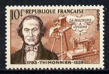 France 1955 Inventions 10f (Thimonnier & Sewing Machine) unmounted mint SG 1240, stamps on inventions     textiles    science