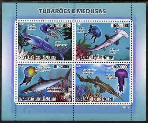 St Thomas & Prince Islands 2009 Sharks & Jelly Fish perf sheetlet containing 4 values unmounted mint, stamps on , stamps on  stamps on marine life, stamps on  stamps on sharks, stamps on  stamps on fish, stamps on  stamps on jelly fish