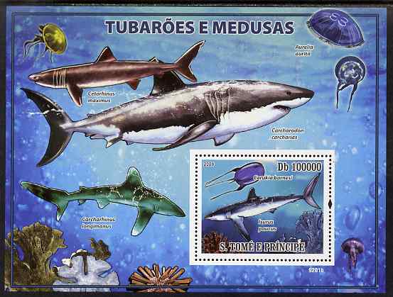 St Thomas & Prince Islands 2009 Sharks & Jelly Fish perf s/sheet unmounted mint, stamps on , stamps on  stamps on marine life, stamps on  stamps on sharks, stamps on  stamps on fish, stamps on  stamps on jelly fish