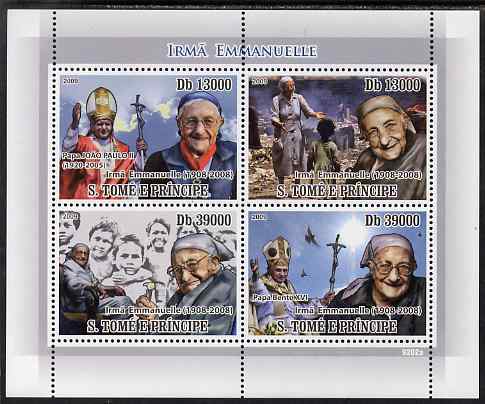 St Thomas & Prince Islands 2009 Sister Emmanuelle & Popes perf sheetlet containing 4 values unmounted mint, stamps on , stamps on  stamps on personalities, stamps on  stamps on popes