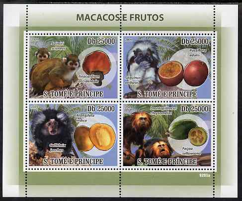 St Thomas & Prince Islands 2009 Macaque Monkeys & Fruit perf sheetlet containing 4 values unmounted mint, stamps on , stamps on  stamps on animals, stamps on  stamps on monkeys, stamps on  stamps on apes, stamps on  stamps on fruit