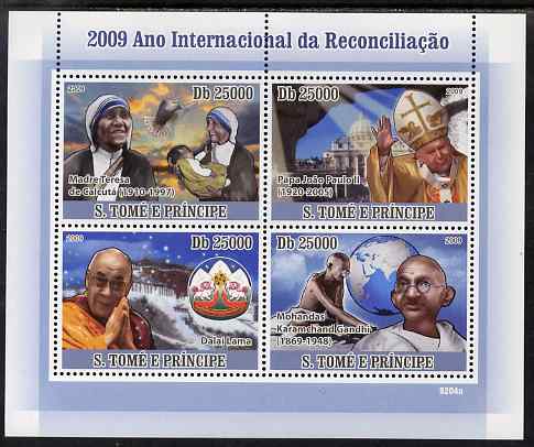 St Thomas & Prince Islands 2009 International Reconciliation Year perf sheetlet containing 4 values (Mother Teresa,Pope,Dalai Lama & Gandhi) unmounted mint, stamps on , stamps on  stamps on personalities, stamps on  stamps on gandhi, stamps on  stamps on constitutions, stamps on  stamps on pope, stamps on  stamps on nobel, stamps on  stamps on peace, stamps on  stamps on globes