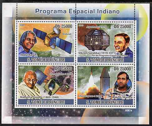 St Thomas & Prince Islands 2009 Indian Space Programme perf sheetlet containing 4 values (also shows Gandhi) unmounted mint, stamps on , stamps on  stamps on personalities, stamps on  stamps on gandhi, stamps on  stamps on constitutions, stamps on  stamps on space, stamps on  stamps on rockets, stamps on  stamps on satellites