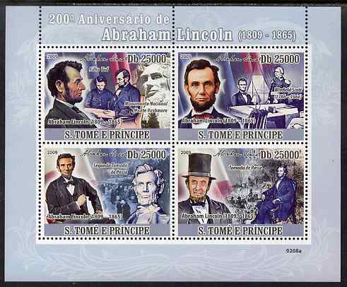 St Thomas & Prince Islands 2009 Abraham Lincoln perf sheetlet containing 4 values unmounted mint, stamps on personalities, stamps on lincoln, stamps on constitutions, stamps on usa presidents, stamps on americana