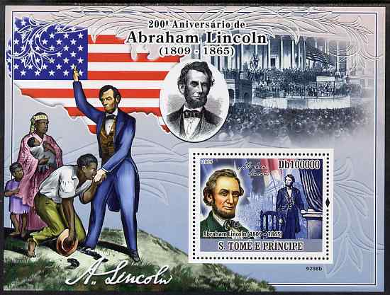 St Thomas & Prince Islands 2009 Abraham Lincoln perf s/sheet unmounted mint, stamps on , stamps on  stamps on personalities, stamps on  stamps on lincoln, stamps on  stamps on constitutions, stamps on  stamps on usa presidents, stamps on  stamps on americana, stamps on  stamps on flags