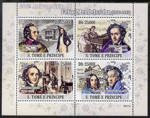 St Thomas & Prince Islands 2009 Felix Mendelssohn perf sheetlet containing 4 values unmounted mint, stamps on , stamps on  stamps on personalities, stamps on  stamps on music, stamps on  stamps on composers, stamps on  stamps on mendelssohn, stamps on  stamps on judaica, stamps on  stamps on judaism