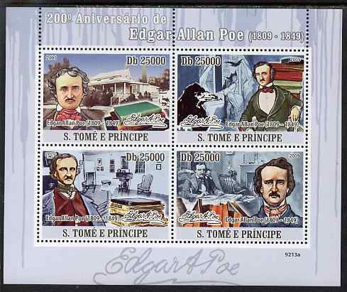 St Thomas & Prince Islands 2009 200th Birth Anniversary of Edgar Allan Poe perf sheetlet containing 4 values unmounted mint, stamps on , stamps on  stamps on personalities, stamps on  stamps on literature, stamps on  stamps on poetry, stamps on  stamps on americana