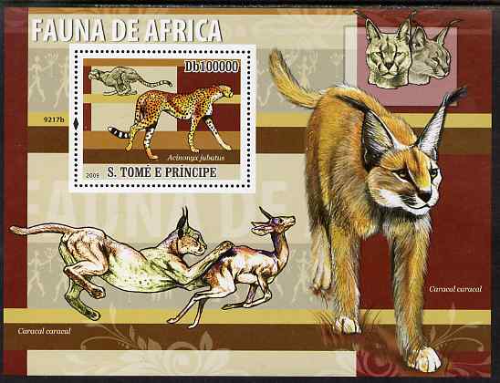 St Thomas & Prince Islands 2009 Animals of Africa - Cheetahs perf s/sheet unmounted mint, stamps on , stamps on  stamps on animals, stamps on  stamps on cats