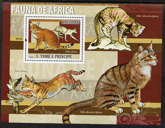 St Thomas & Prince Islands 2009 Animals of Africa - Jungle Cat perf s/sheet unmounted mint, stamps on animals, stamps on cats