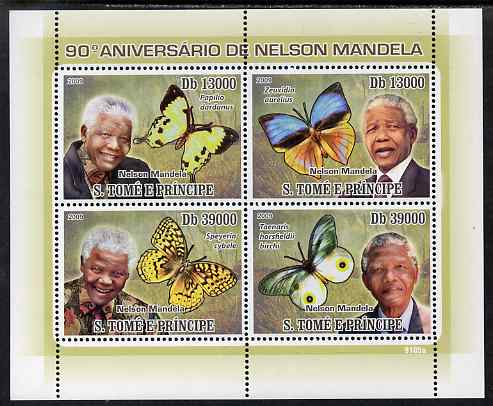 St Thomas & Prince Islands 2009 90th Birthday of Nelson Mandela & Butterflies perf sheetlet containing 4 values unmounted mint, stamps on , stamps on  stamps on personalities, stamps on  stamps on mandela, stamps on  stamps on nobel, stamps on  stamps on peace, stamps on  stamps on racism, stamps on  stamps on human rights, stamps on  stamps on butterflies