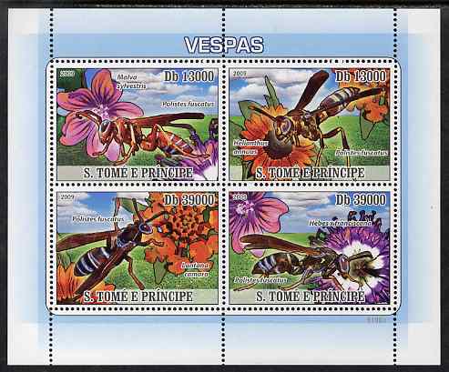 St Thomas & Prince Islands 2009 Bees & Flowers perf sheetlet containing 4 values unmounted mint, stamps on , stamps on  stamps on flowers, stamps on  stamps on bees, stamps on  stamps on insects