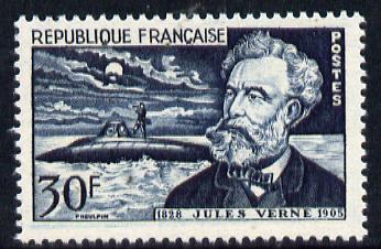 France 1955 Death Anniversary of Jules Verne (Author) showing Submarine unmounted mint, SG 1251, stamps on , stamps on  stamps on literature, stamps on science, stamps on ships, stamps on submarines, stamps on books, stamps on death, stamps on underwater, stamps on sci-fi