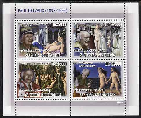 St Thomas & Prince Islands 2009 Paintings of Paul Delvaux perf sheetlet containing 4 values unmounted mint, stamps on , stamps on  stamps on personalities, stamps on  stamps on arts, stamps on  stamps on nudes