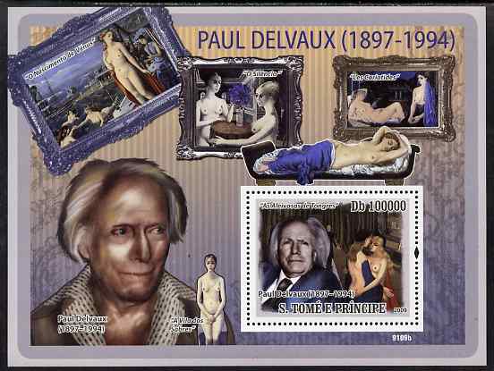 St Thomas & Prince Islands 2009 Paintings of Paul Delvaux perf s/sheet unmounted mint, stamps on personalities, stamps on arts, stamps on nudes