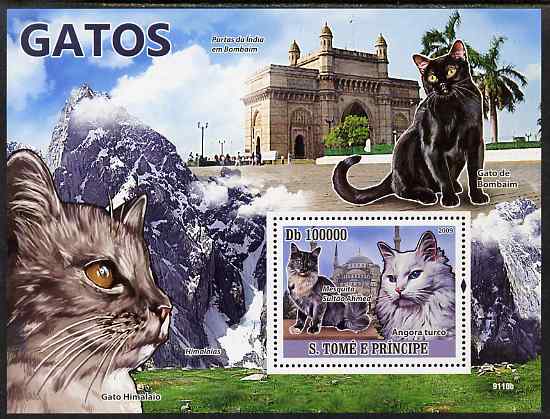 St Thomas & Prince Islands 2009 Cats perf s/sheet unmounted mint, stamps on , stamps on  stamps on cats, stamps on  stamps on tourism, stamps on  stamps on mountains