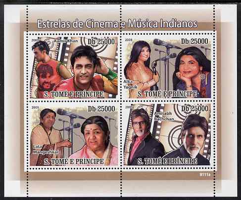 St Thomas & Prince Islands 2009 Indian Movie & Music Stars perf sheetlet containing 4 values unmounted mint, stamps on personalities, stamps on films, stamps on cinema, stamps on movies, stamps on music