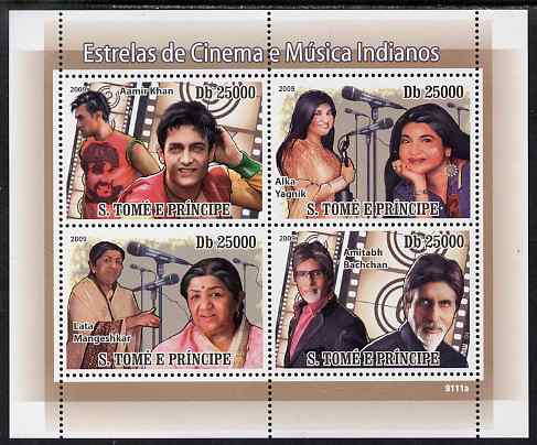 St Thomas & Prince Islands 2009 Indian Movie & Music Stars perf sheetlet containing 4 values unmounted mint, stamps on , stamps on  stamps on personalities, stamps on  stamps on films, stamps on  stamps on cinema, stamps on  stamps on movies, stamps on  stamps on music