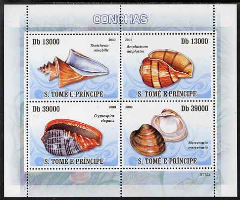 St Thomas & Prince Islands 2009 Shells perf sheetlet containing 4 values unmounted mint, stamps on , stamps on  stamps on marine life, stamps on  stamps on shells