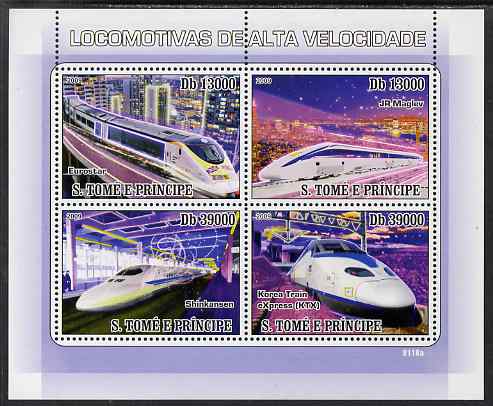 St Thomas & Prince Islands 2009 High Speed Trains perf sheetlet containing 4 values unmounted mint, stamps on , stamps on  stamps on railways