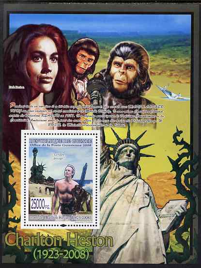 Guinea - Conakry 2008 Celebrities - Charlton Heston perf s/sheet (Planet of the Apes) unmounted mint, Michel BL1549, stamps on , stamps on  stamps on personalities, stamps on  stamps on films, stamps on  stamps on cinema, stamps on  stamps on movies, stamps on  stamps on apes, stamps on  stamps on statue of liberty