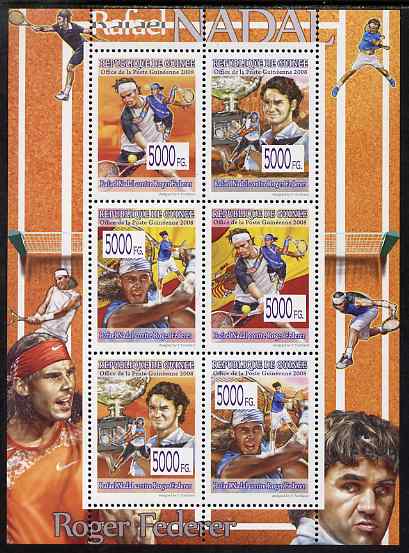 Guinea - Conakry 2008 Tennis - Federer & Nadal perf sheetlet containing 6 values unmounted mint, Michel 5622-27, stamps on , stamps on  stamps on personalities, stamps on  stamps on sport, stamps on  stamps on tennis