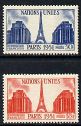 France 1951 UN General Assembly set of 2 (Eiffel Tower) unmounted mint SG 1132-33, stamps on , stamps on  stamps on united nations, stamps on  stamps on monuments, stamps on  stamps on civil engineering, stamps on  stamps on eiffel tower