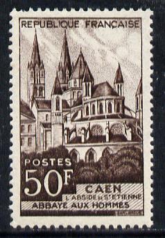 France 1951 Views 50f (Church of St Etienne, Caen) unmounted mint SG 1139, stamps on churches