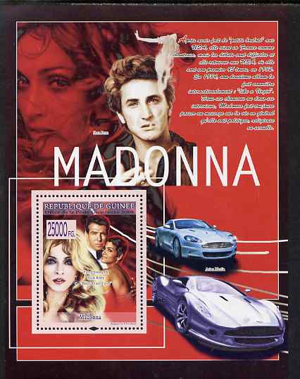Guinea - Conakry 2008 Madonna perf s/sheet #1 (Brosnan & Halle Berry) unmounted mint, Michel BL1552, stamps on personalities, stamps on women, stamps on music, stamps on cars