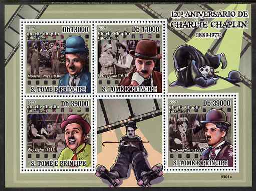 St Thomas & Prince Islands 2009 120th Birth Anniversary of Charlie Chaplin perf sheetlet containing 4 values unmounted mint, stamps on , stamps on  stamps on personalities, stamps on  stamps on films, stamps on  stamps on cinema, stamps on  stamps on movies, stamps on  stamps on comedy, stamps on  stamps on chaplin