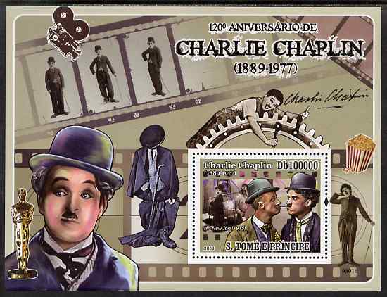 St Thomas & Prince Islands 2009 120th Birth Anniversary of Charlie Chaplin perf s/sheet unmounted mint, stamps on personalities, stamps on films, stamps on cinema, stamps on movies, stamps on comedy, stamps on chaplin
