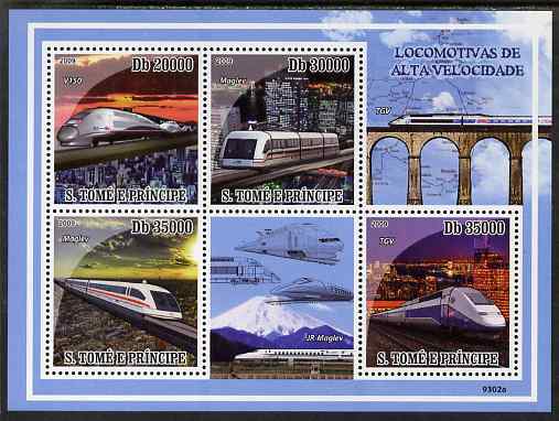 St Thomas & Prince Islands 2009 High Speed Trains perf sheetlet containing 4 values unmounted mint, stamps on , stamps on  stamps on railways, stamps on  stamps on bridges, stamps on  stamps on mountains