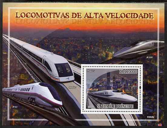 St Thomas & Prince Islands 2009 High Speed Trains perf s/sheet unmounted mint, stamps on , stamps on  stamps on railways, stamps on  stamps on 