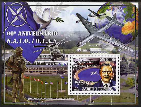 St Thomas & Prince Islands 2009 60th Anniversary of NATO perf s/sheet unmounted mint, stamps on , stamps on  stamps on nato, stamps on  stamps on aviation, stamps on  stamps on militaria, stamps on  stamps on helicopters, stamps on  stamps on flags, stamps on  stamps on globes