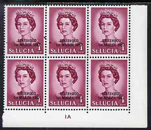 St Lucia 1967 unissued 1c with Statehood overprint in black, unmounted mint plate block of 6 with semi-constant black flaw from overprint forme on R9/8 and between stamps R9/8 and R9/9, stamps on royalty