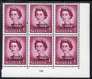 St Lucia 1967 unissued 1c with Statehood overprint in black, unmounted mint plate block of 6 with semi-constant black flaw from overprint forme on R9/8 and between stamps R9/8 and R9/9, stamps on , stamps on  stamps on royalty