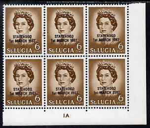 St Lucia 1967 unissued 6c with Statehood overprint in black, unmounted mint plate block of 6 with semi-constant black flaw below M of March from overprint forme on R9/8 and dot below 1 of 1st on R9/9, stamps on royalty