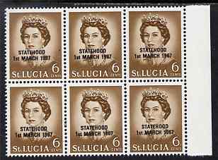 St Lucia 1967 unissued 6c with Statehood overprint in black, unmounted mint marginal block of 6 with semi-constant black flaw at right from overprint forme on R7/8 , stamps on royalty