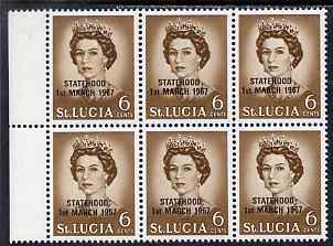 St Lucia 1967 unissued 6c with Statehood overprint in black, unmounted mint marginal block of 6 with semi-constant black dot below 1 of 1st on R7/2 from overprint forme, stamps on royalty