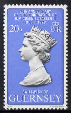 Guernsey 1978 25th Anniversary of Coronation 20p unmounted mint, SG 167, stamps on royalty