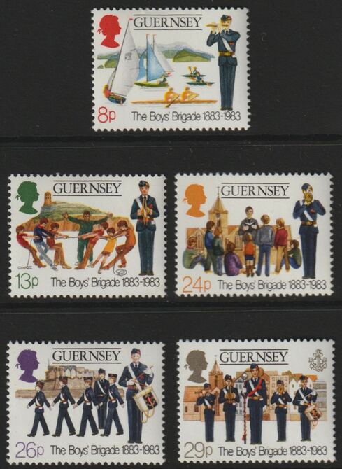 Guernsey 1983 Centenary of Boys' Brigade set of 5 unmounted mint, SG 268-72, stamps on , stamps on  stamps on boys' brigade, stamps on  stamps on sailing, stamps on  stamps on music, stamps on  stamps on sports