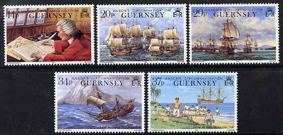 Guernsey 1990 250th Anniversary of Anson's Circumnavigation set of 5 unmounted mint, SG 496-500, stamps on ships, stamps on explorers