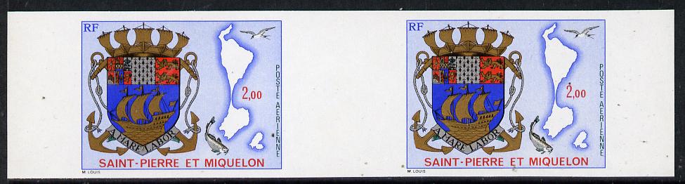 St Pierre & Miquelon 1974 Arms & Map 2f imperf proof gutter pair in issued colours unmounted mint (SG 528), stamps on , stamps on  stamps on heraldry, stamps on  stamps on arms   maps   ships, stamps on knots