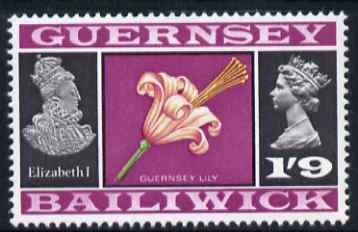 Guernsey 1969-70 1s 9d Guernsey Lily & Elizabeth I unmounted mint, SG 24, stamps on arms, stamps on heraldry, stamps on royalty