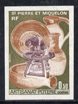 St Pierre & Miquelon 1975 Handicrafts 50c (Potters Wheel & Pottery) imperf proof in issued colours unmounted mint (SG 537*), stamps on , stamps on  stamps on pottery    crafts