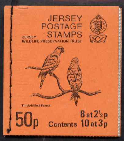 Booklet - Jersey 1974 Jersey Wildlife Preservation Trust 50p (Thick-billed Parrot) booklet complete, SG B17, stamps on birds, stamps on parrots
