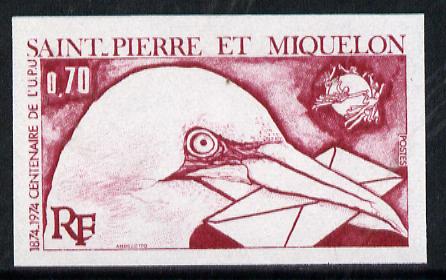 St Pierre & Miquelon 1974 UPU 70c (Gannet with Letter) imperf colour trial proof (SG 525) several different colour combinations available but price is for ONE unmounted mint, stamps on upu   birds    postal, stamps on  upu , stamps on 