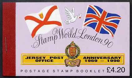 Jersey 1990 Stamp World 1990 Stamp Exhibition prestige Â£4.20 booklet complete, SG B42, stamps on stamp exhibitions, stamps on flags, stamps on arms, stamps on heraldry